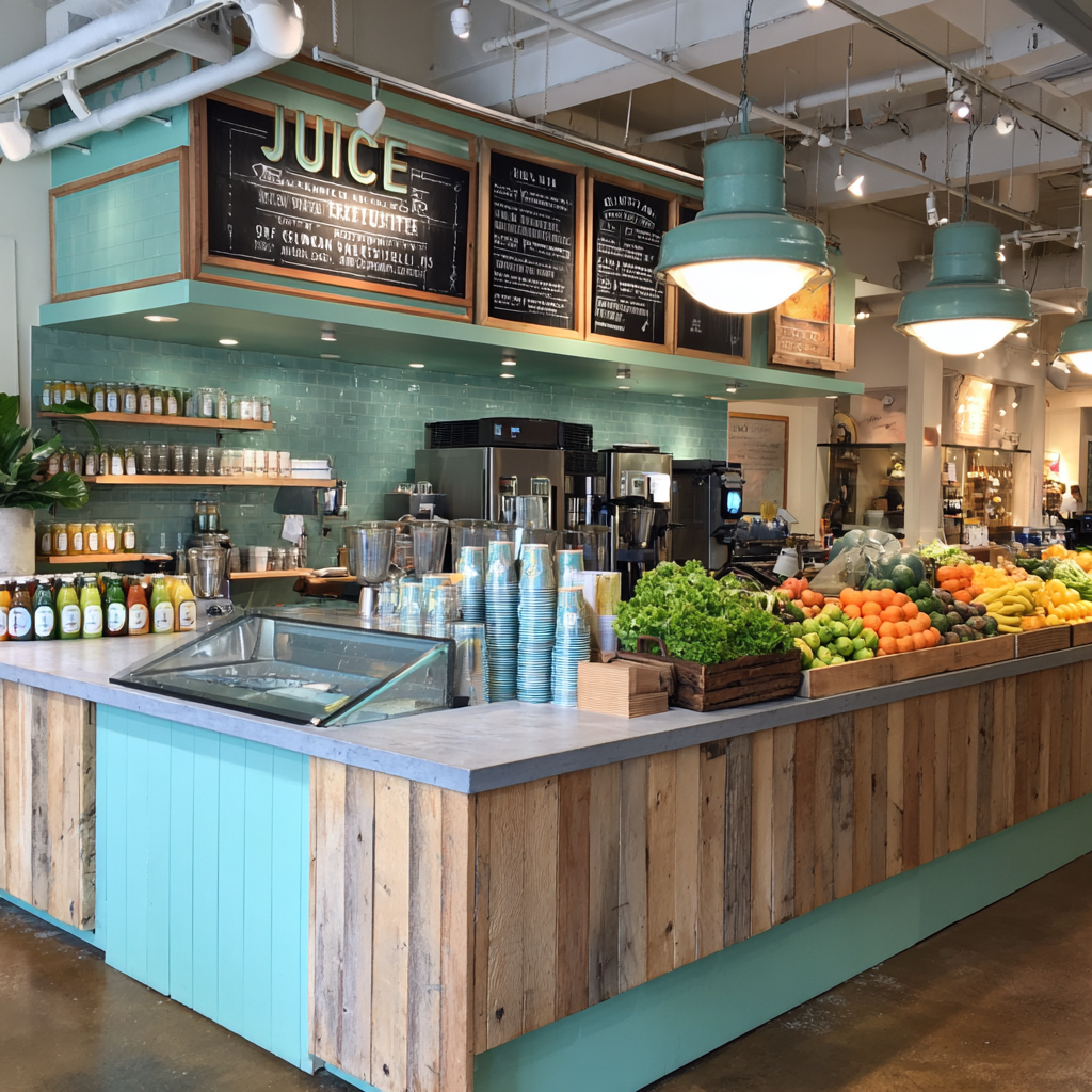 Rustic wood juice bar with fresh fruit and teal accents.