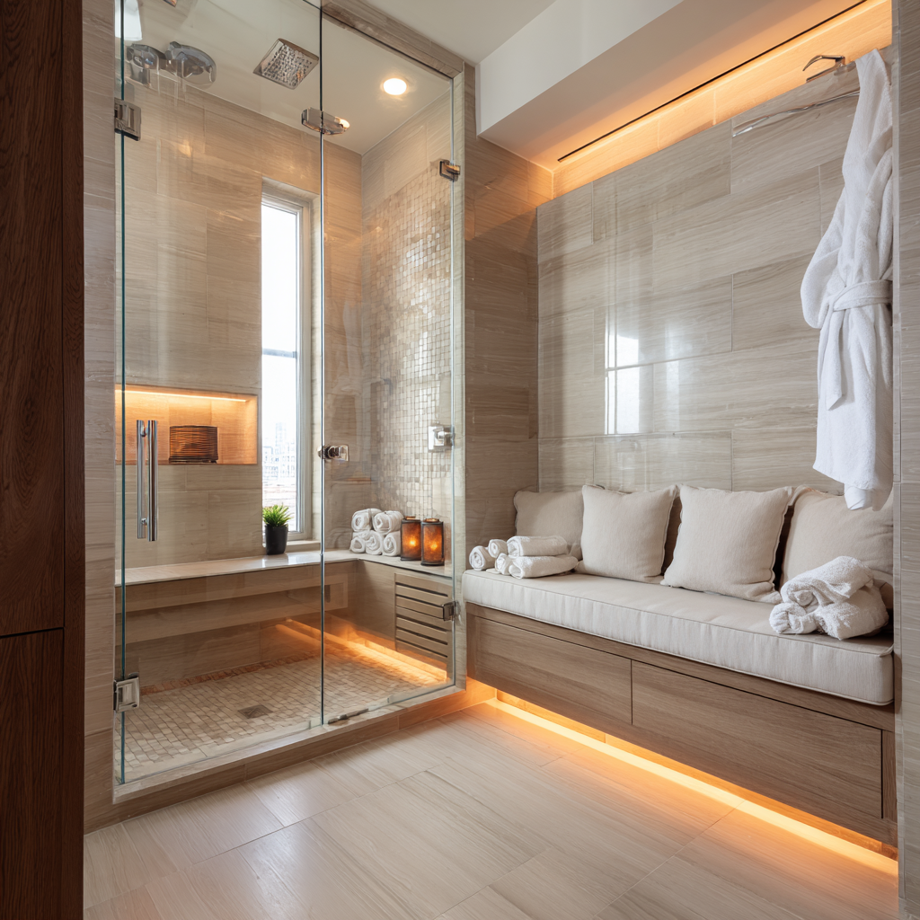A spa-style bathroom with a glass-enclosed shower, warm stone tile walls, built-in bench seating with cushions, soft LED accent lighting, and neatly arranged towels creating a calm, luxurious atmosphere.