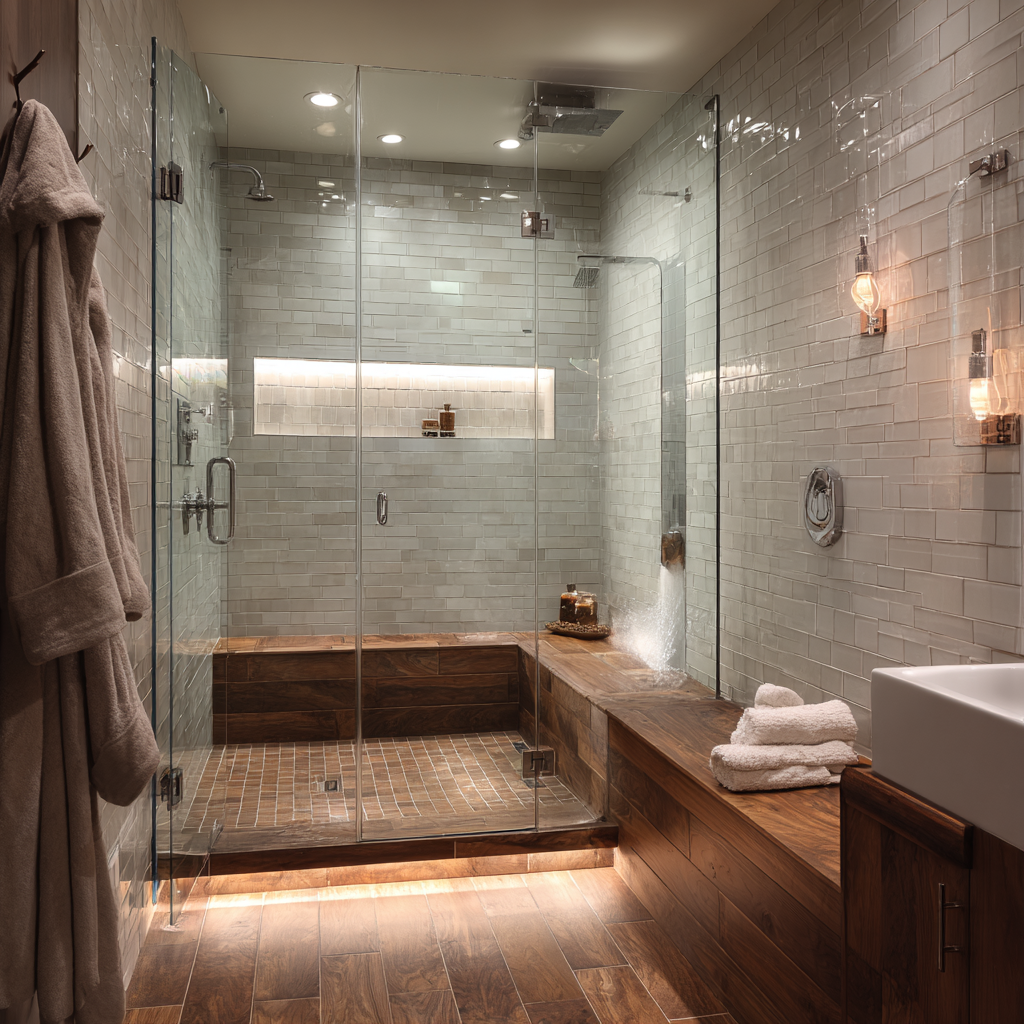 A spacious glass-enclosed shower with white subway tile walls, warm wood benches and flooring, built-in niches with soft lighting, and a spa-inspired, modern design.