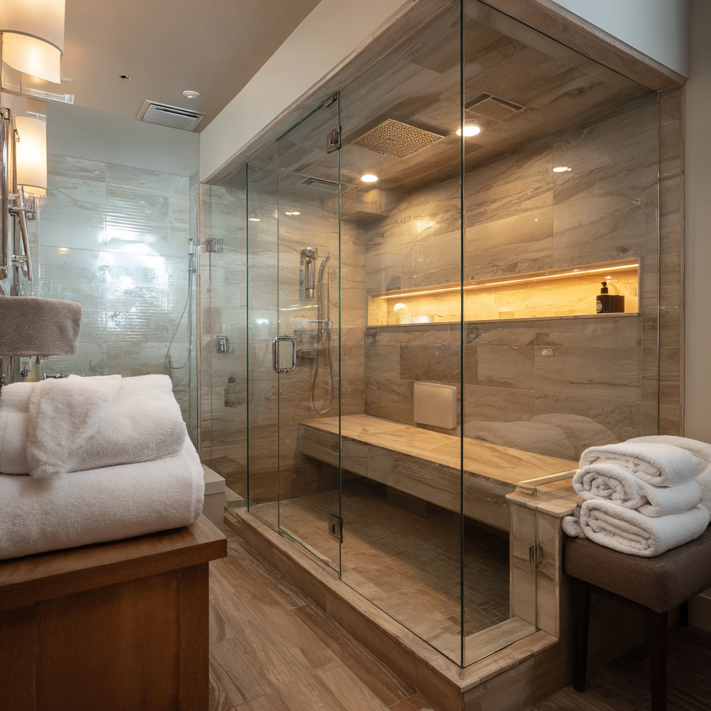 A luxurious glass-walled steam shower with warm stone tile walls, a built-in bench, recessed shelf lighting, a rainfall showerhead, and neatly folded towels creating a spa-like atmosphere.