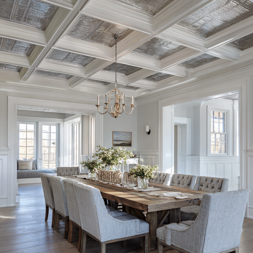 Grand formal dining room with white coffered grid and tin ceiling.