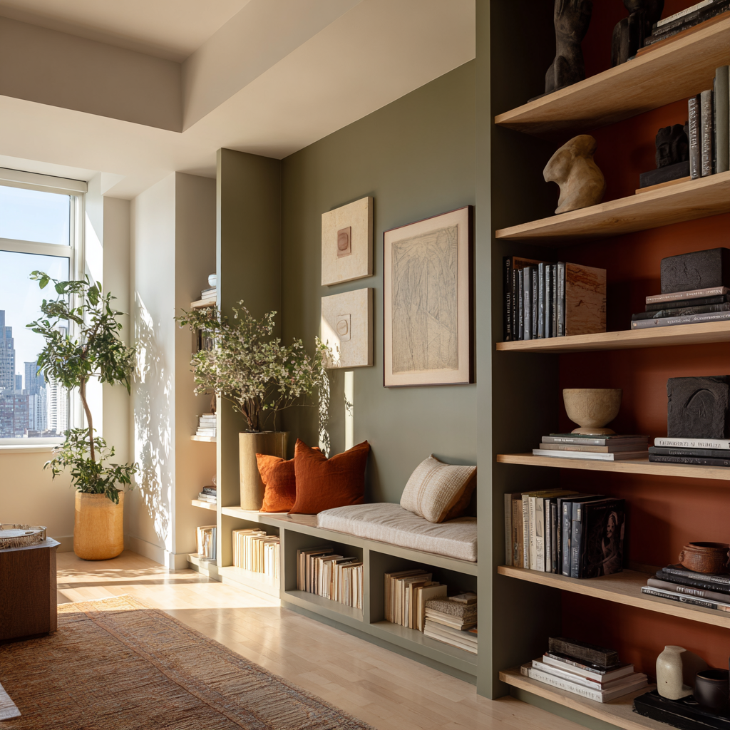 An earthy-toned living space with sage green walls, low built-in shelving, and terracotta-accented decor.