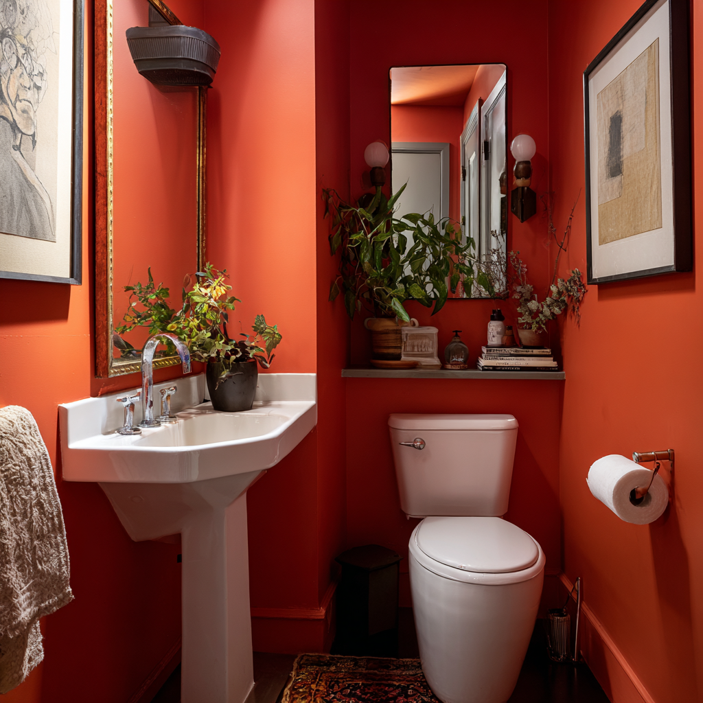 Red half-bathroom with pedestal sink and plant décor.