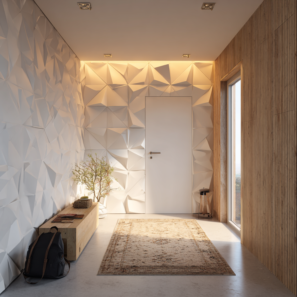 A modern hallway with a white 3D geometric accent wall, a light wood slat wall, and a light-colored rug.