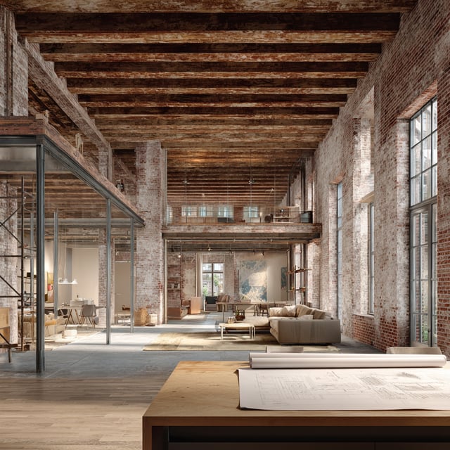 Industrial loft with brick walls and exposed wood beams.