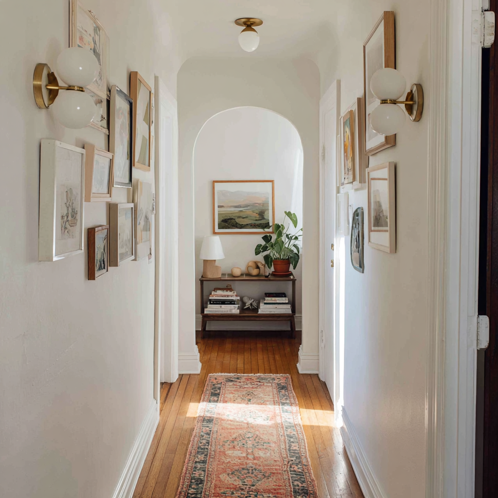 A sunlit hallway with an arched doorway, art, and a rug.