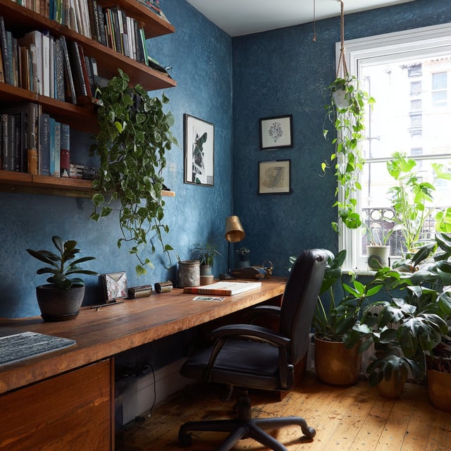 Cozy home office with blue walls, wood desk, and many plants.