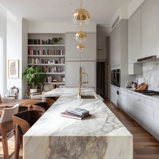 A modern kitchen features a large waterfall island with honed marble countertops and veining, light gray cabinetry, built-in appliances, gold pendant lighting, and a bookshelf wall in the adjacent living area.