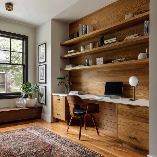 Wood home office with built-in desk, shelves, and a rug.