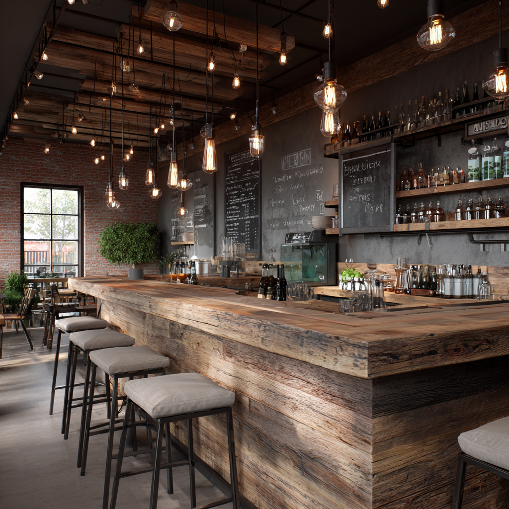 Rustic wood bar with a long counter and Edison bulb lights.
