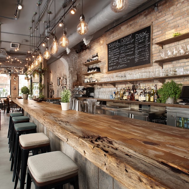Rustic brick bar with a long wood counter and bulb lights.