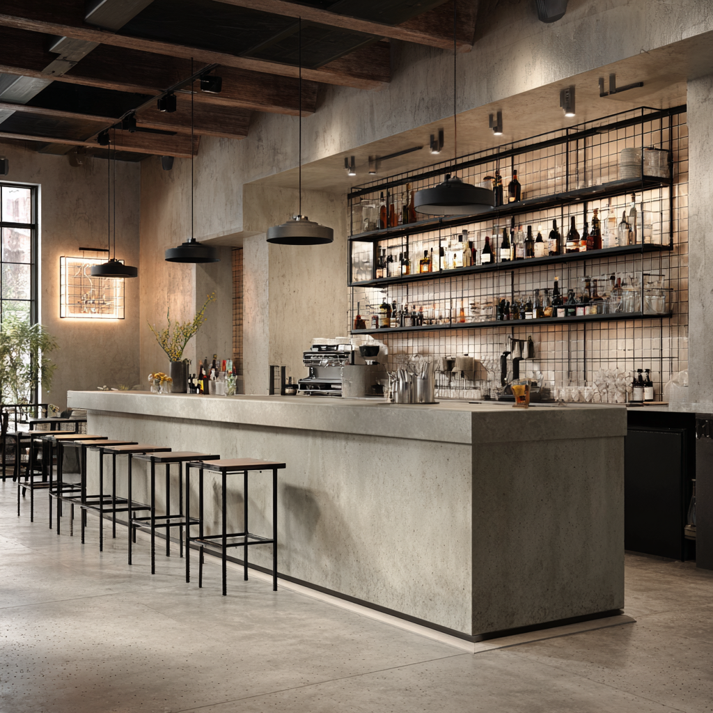 Minimalist concrete bar with industrial lighting and wire shelving.