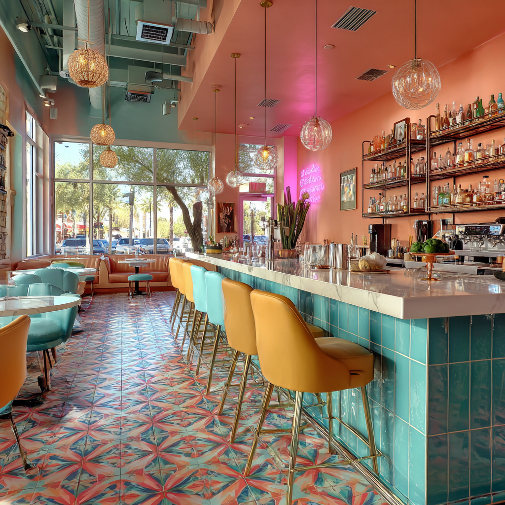Colorful bar with pink walls, teal tiles, and yellow chairs.