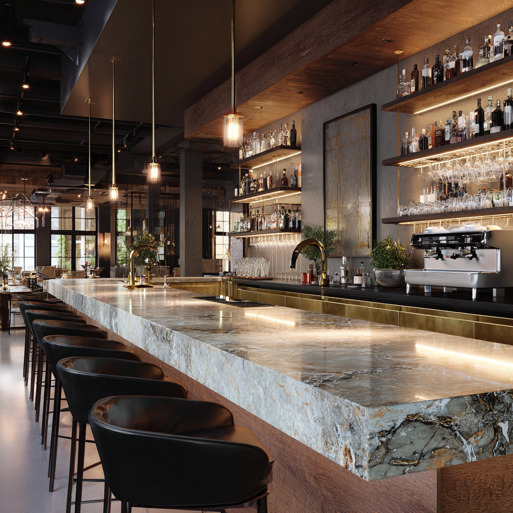 Luxurious marble bar with brass accents and black seating.