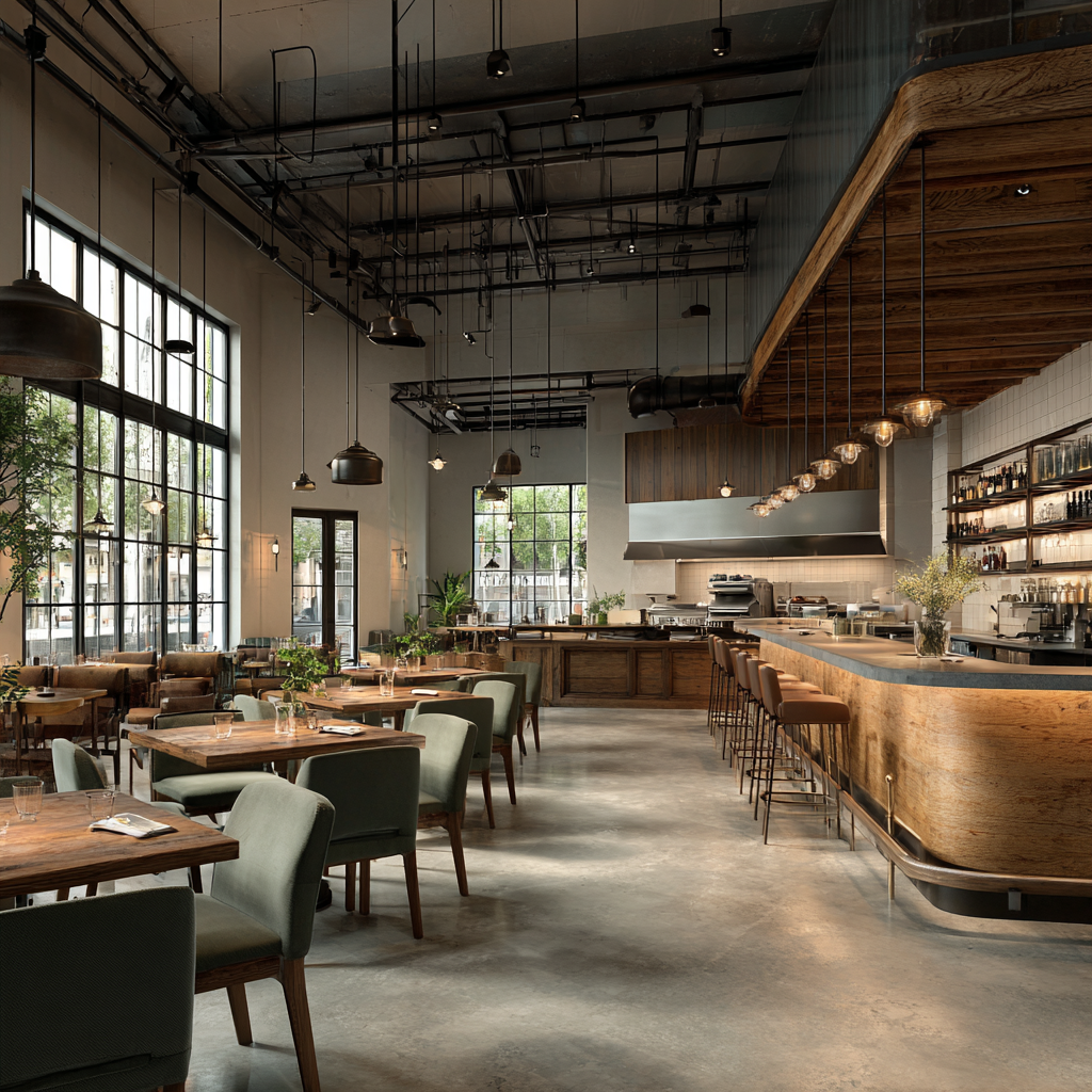 Industrial bar with curved wood and green velvet seating.