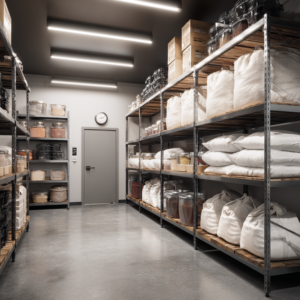 Industrial retail counters, sleek kitchens, and a pantry.