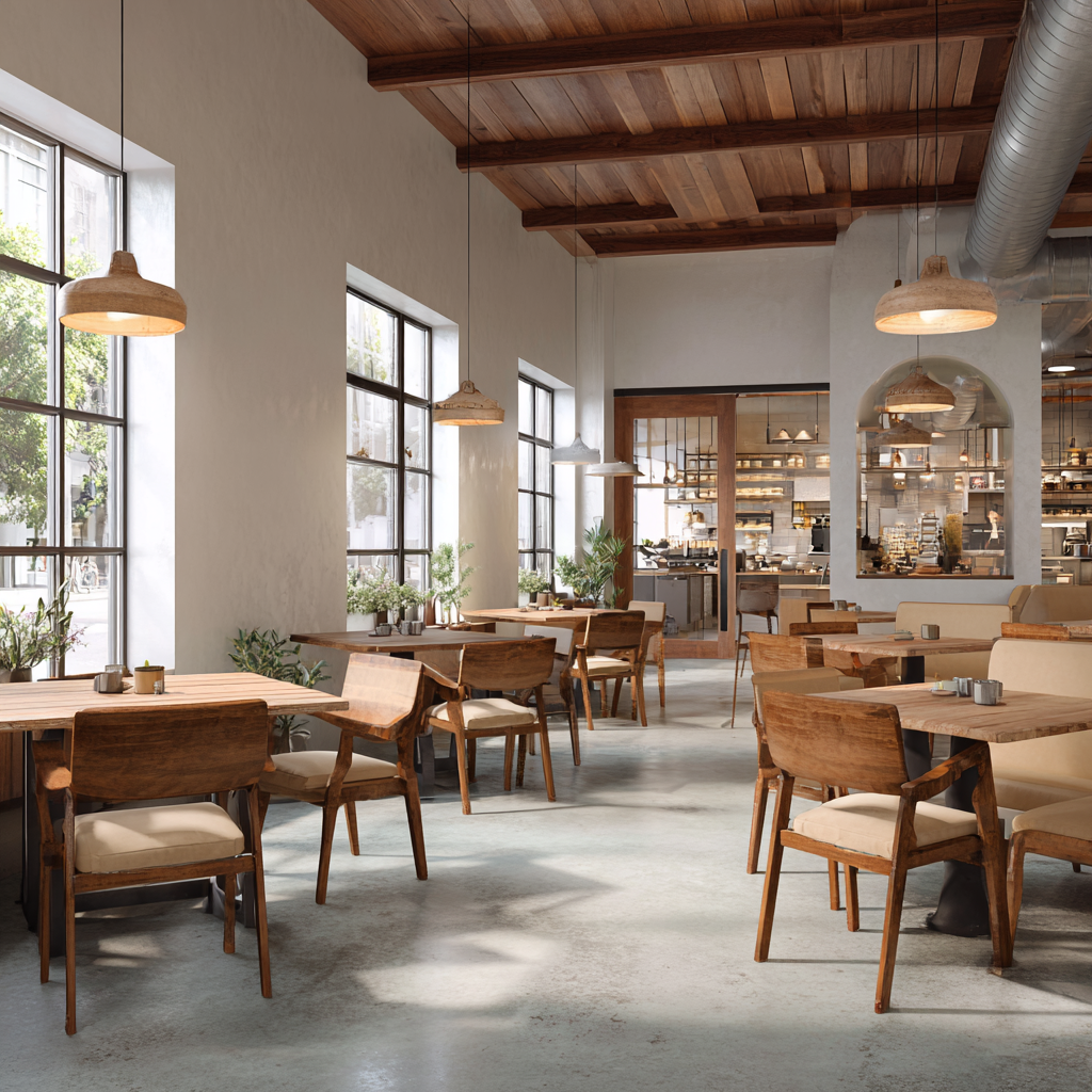 Modern wood retail, pro kitchens, and a stocked pantry.