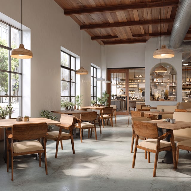 Inviting bakery interior with wooden furniture and large windows.