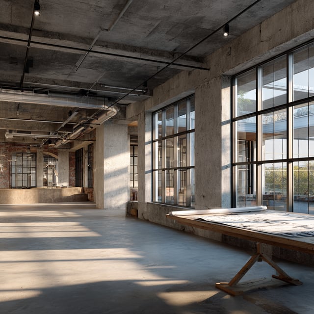 Sunlit industrial loft with concrete walls and big windows.