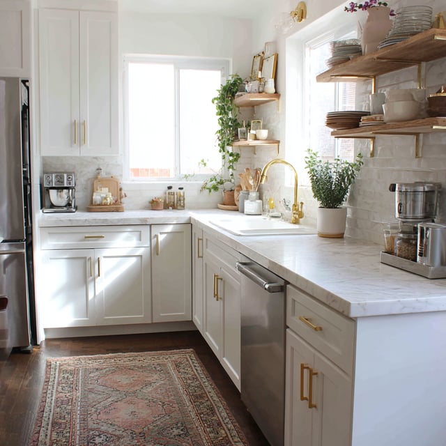 A bright, airy, white kitchen features marble countertops, gold hardware, open shelving, a stainless steel dishwasher and refrigerator, and a patterned rug on a dark wood floor.