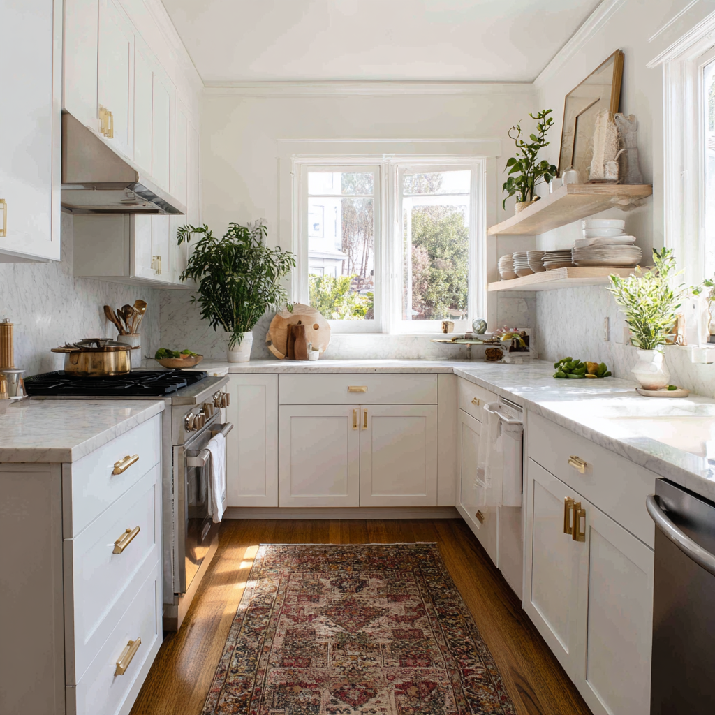 A bright, airy U-shaped kitchen features white cabinets and marble countertops, brass hardware, a patterned rug on the hardwood floor, and natural light streaming in through a large window.
