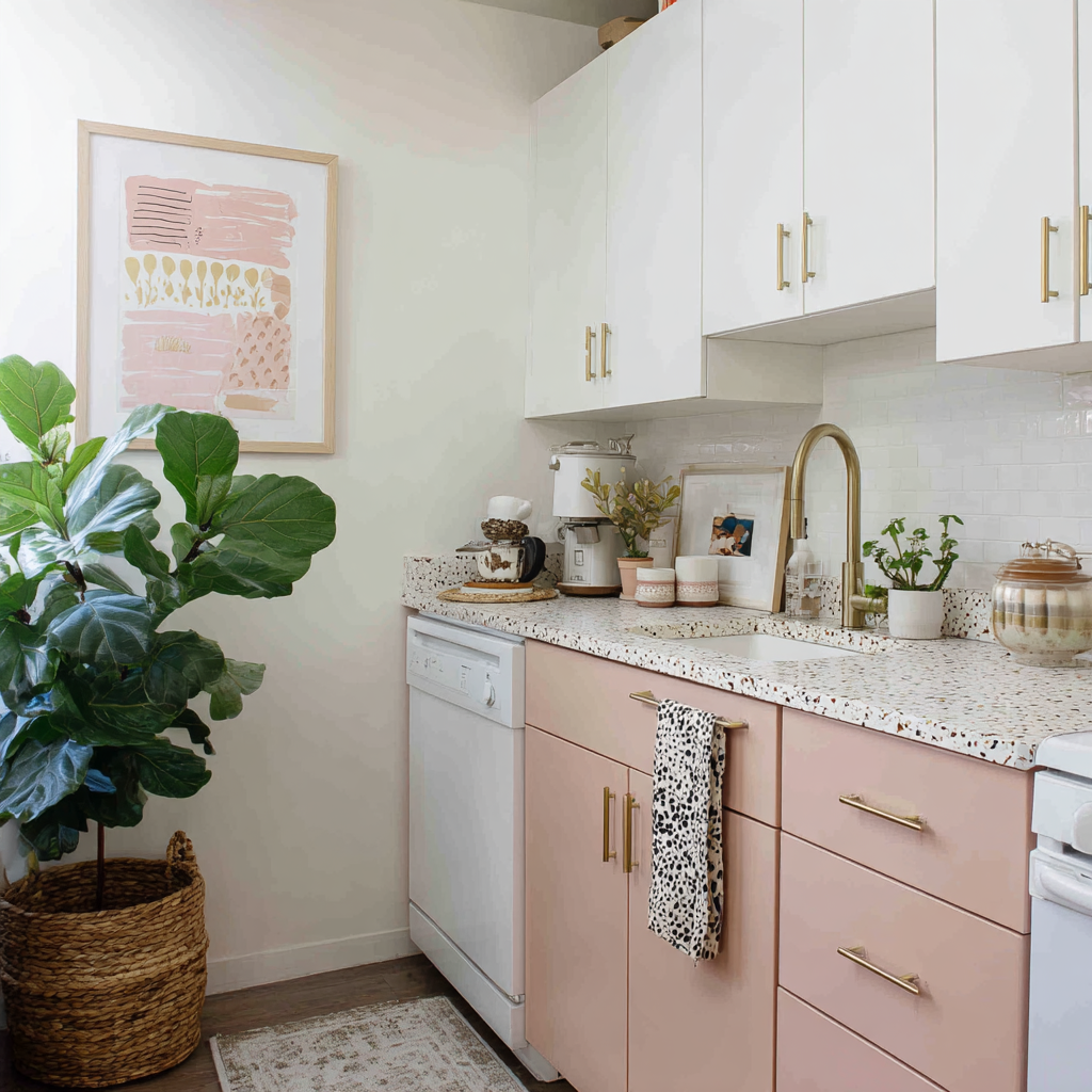 A modern kitchen features white upper cabinets, light pink lower cabinets with gold hardware, a white terrazzo countertop, a gold faucet, a white subway tile backsplash, and a large fiddle-leaf fig plant in a woven basket.