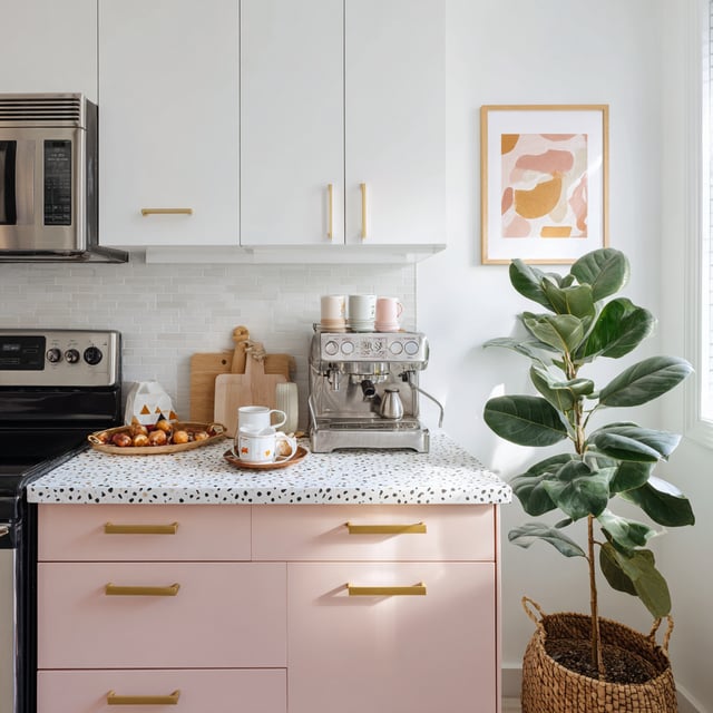 A bright kitchen counter with a speckled black and white surface holds a stainless steel espresso machine, cutting boards, and fruit, above pale pink drawers with gold pulls, with white cabinets above, and a large potted fiddle-leaf fig plant next to the counter.