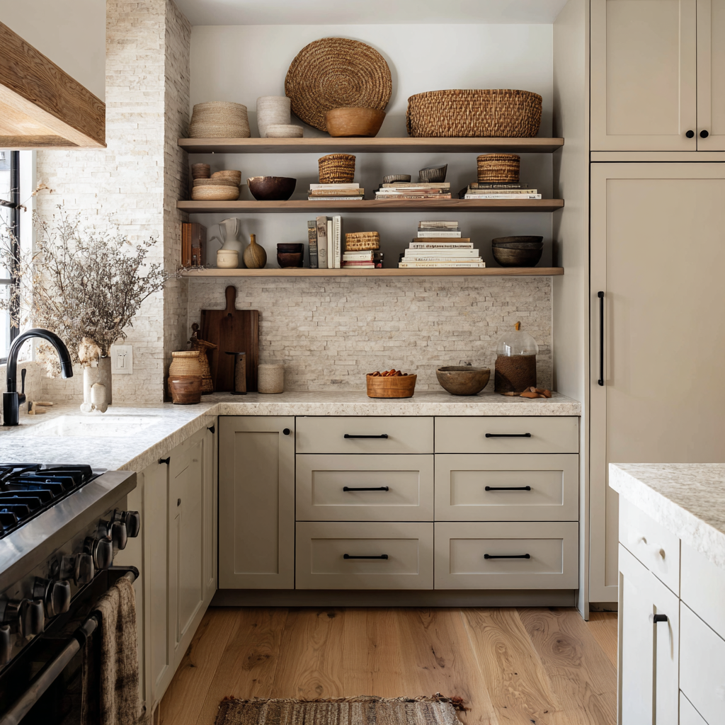 A cozy kitchen features light beige lower cabinets with black hardware, open wooden shelving stocked with woven baskets and ceramics, a stone tile backsplash, a stainless steel range, and light hardwood flooring.