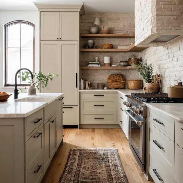 A cozy kitchen features light taupe cabinetry, a light-colored stone backsplash and range hood, open wooden shelving, a center island with a sink, stainless steel appliances, a runner rug on the light wood floor, and a tall arched window.