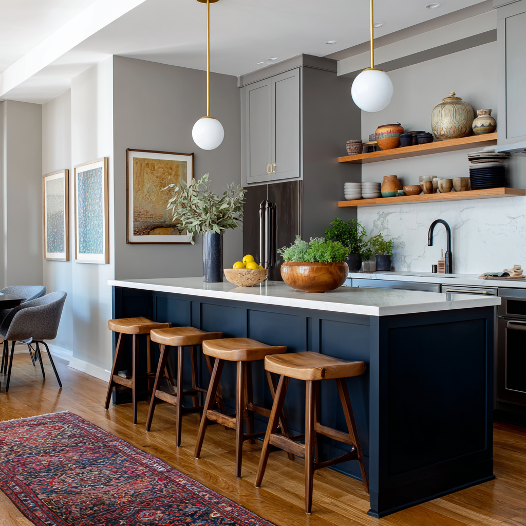 A stylish kitchen features a large navy island with a white countertop and five wooden bar stools, warm wood open shelving above white marble backsplash, and two brass pendant lights over the island.