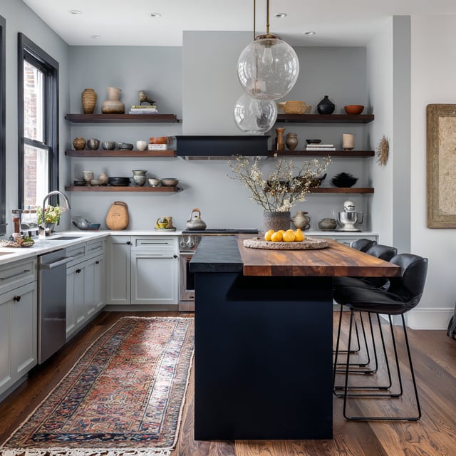 Modern kitchen with blue island, wood shelves, and a rug.