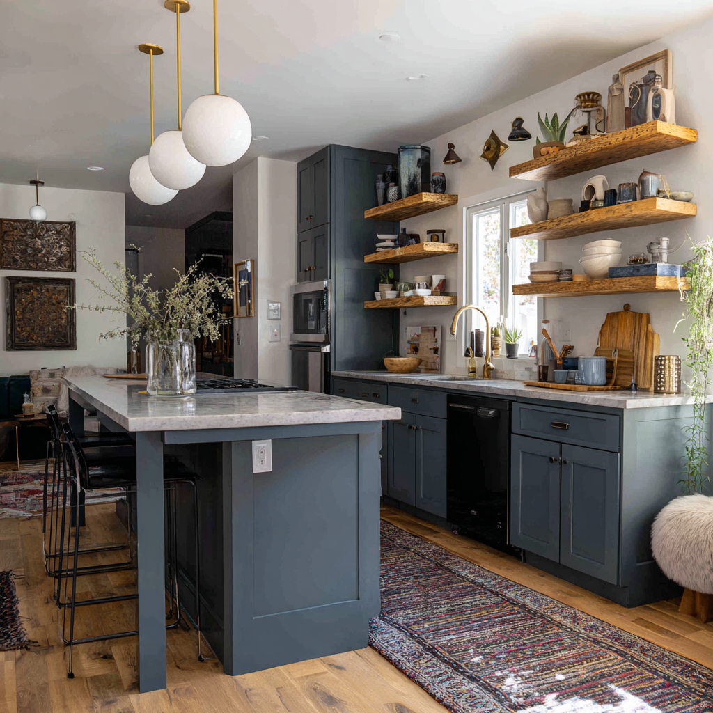 A modern kitchen features a dark blue island with bar seating and a light countertop, dark blue lower cabinets and open wooden shelving along a white wall, and a colorful rug on a light wood floor.