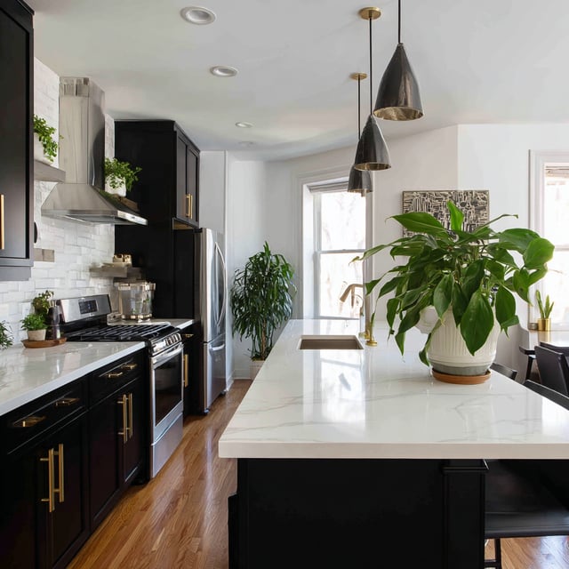 A modern kitchen features black cabinetry with gold hardware, a white subway tile backsplash, stainless steel appliances, a long white marble countertop island, wood floors, and several potted green plants.