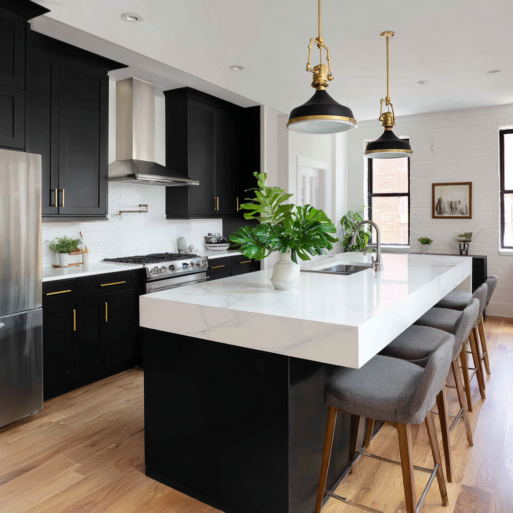 A modern kitchen features black cabinetry with gold hardware, a stainless steel refrigerator and range hood, a white quartz waterfall island with seating for four, and two brass and black pendant lights.