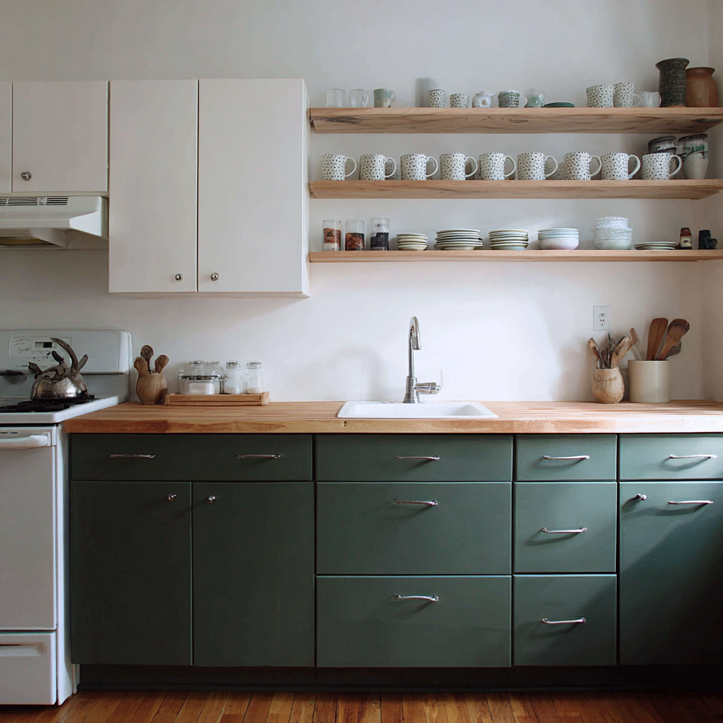 A kitchen with white upper cabinets, deep olive green lower cabinets, light wood countertops, a white sink, and two floating wood shelves filled with dishes.