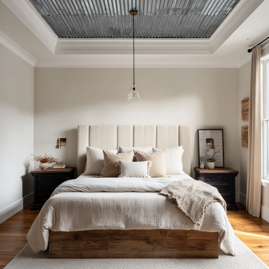 Bedroom with tray ceiling and dangling light.
