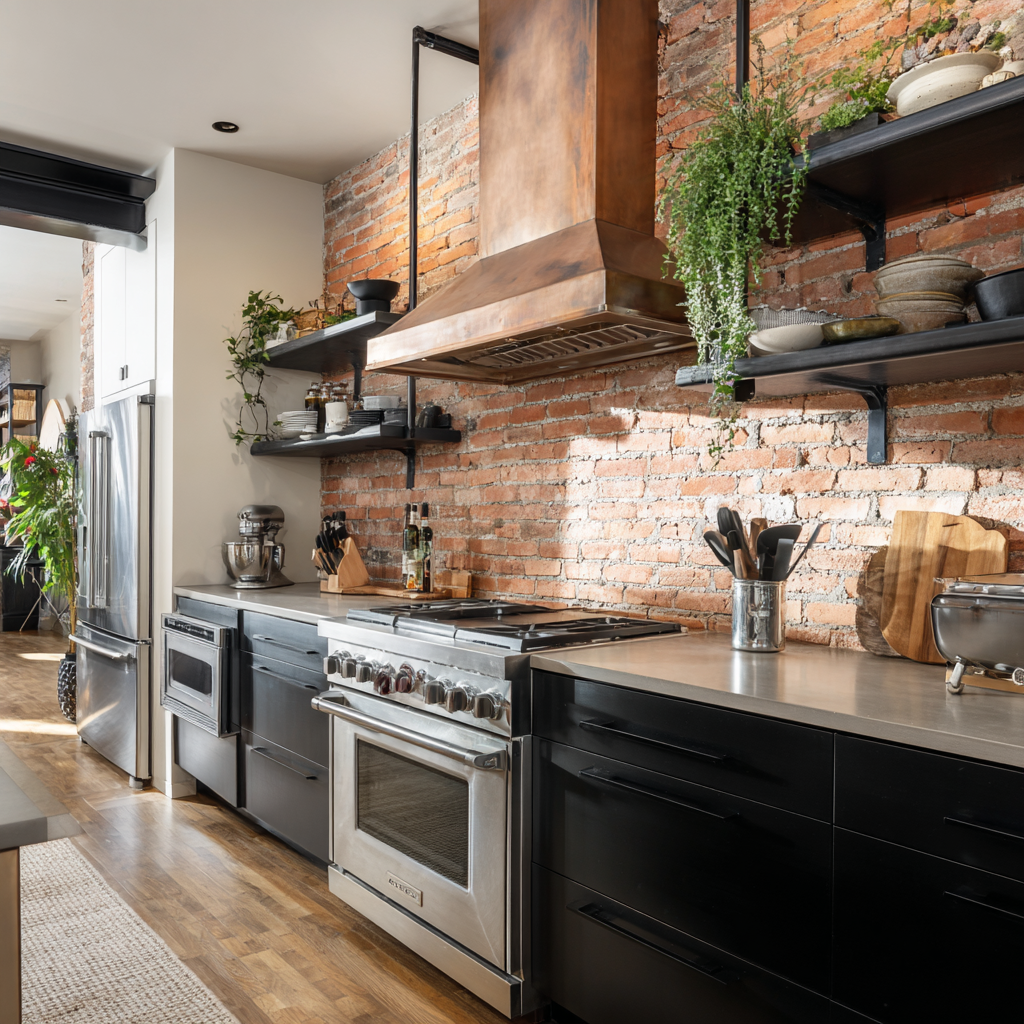 An industrial-style kitchen with raw textures and professional-grade finishes.