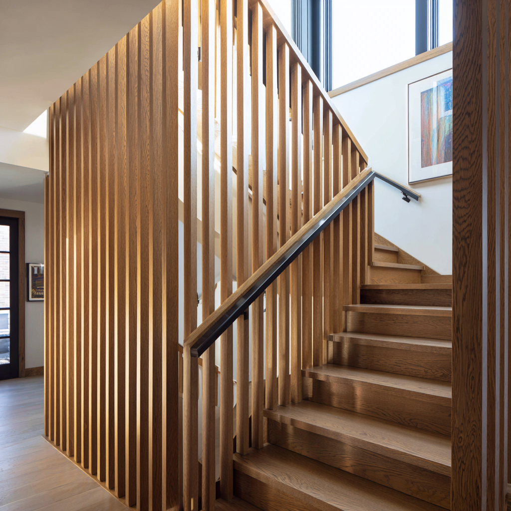 Modern wood staircase with a vertical slat screen divider.
