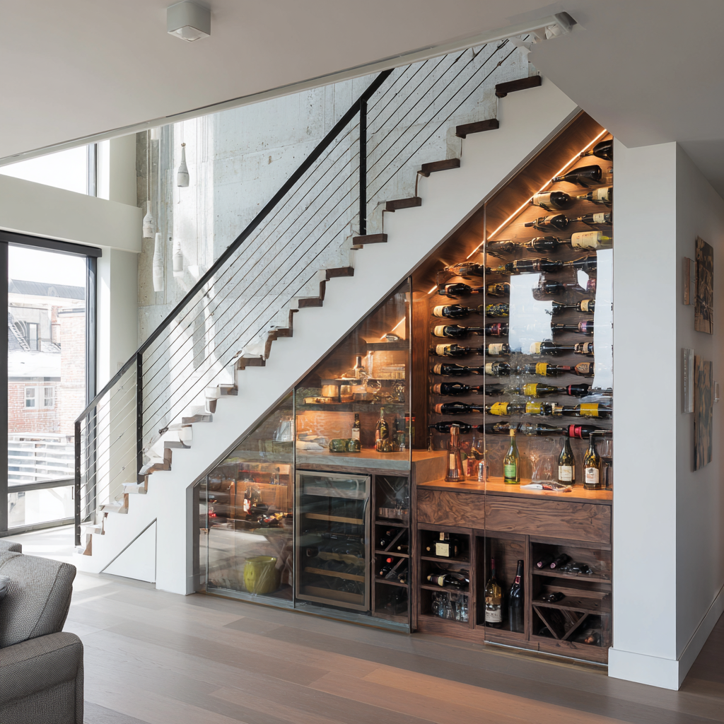 Industrial-modern under-stair wine cellar featuring glass-front cabinetry, dark walnut wood racks, horizontal bottle storage, warm amber LED lighting, steel cable stair railing, concrete-textured walls, and wide-plank light wood flooring.