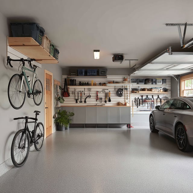Renovated garage with organized storage and two hanging bikes.