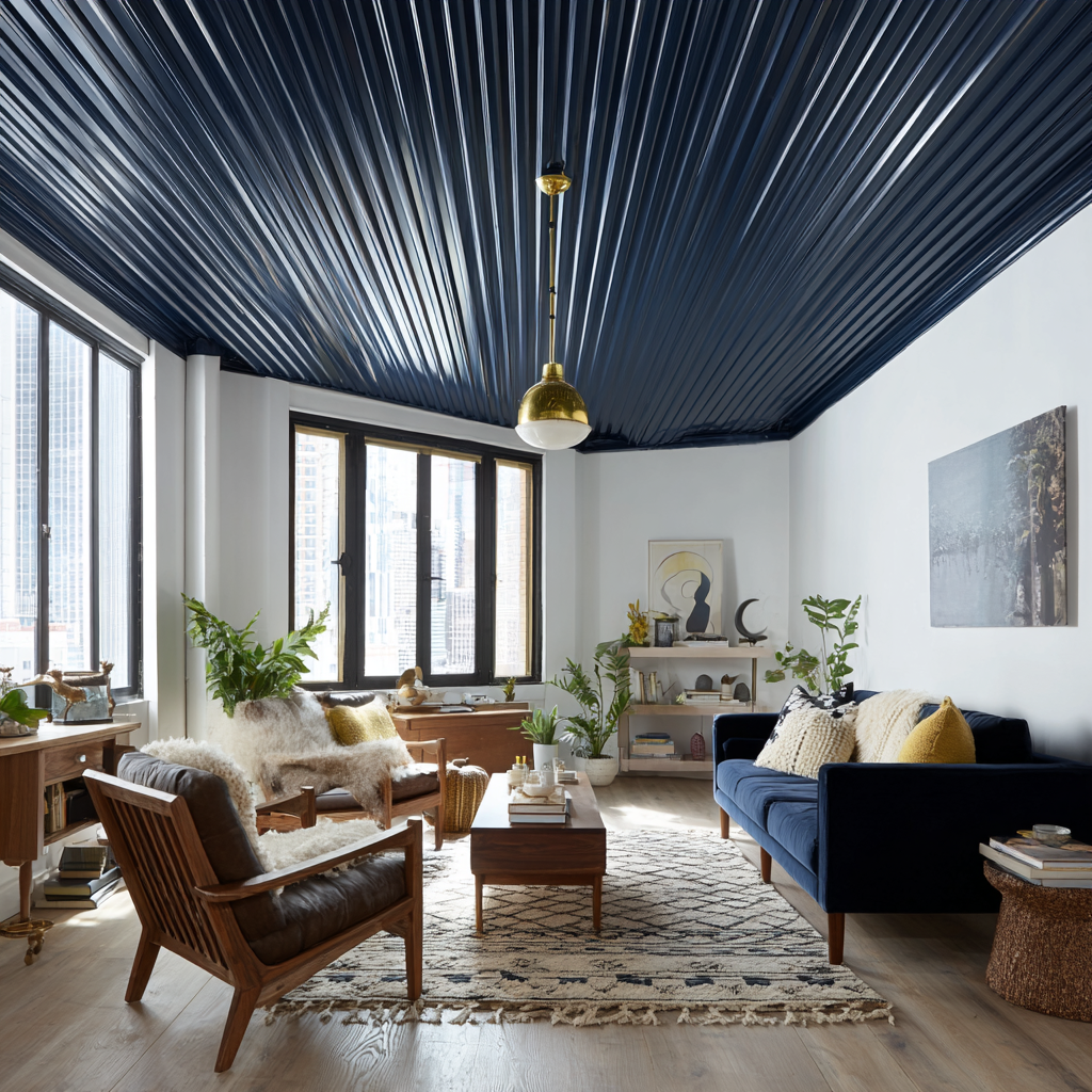 Interior of a stylish living room with dark corrugated metal ceiling.
