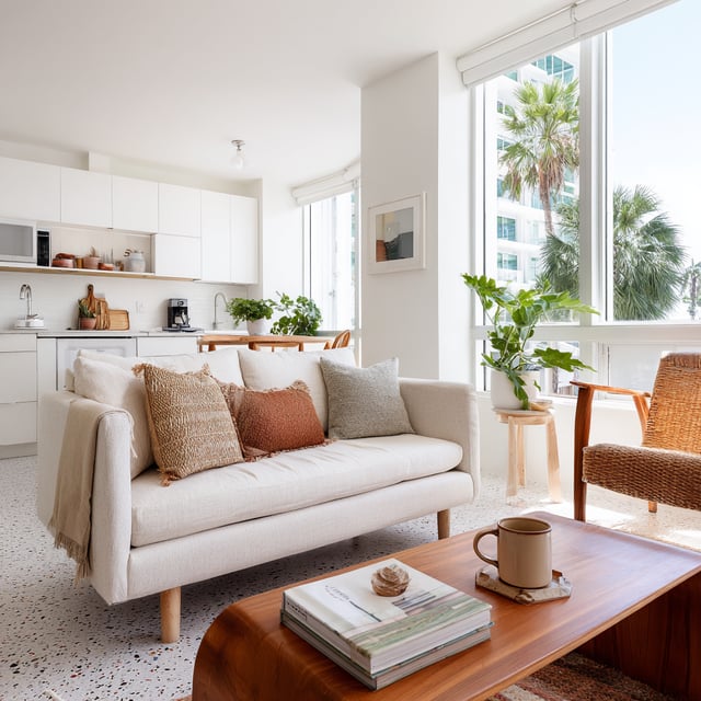 Miami apartment with white sofa, coffee table, and plants.