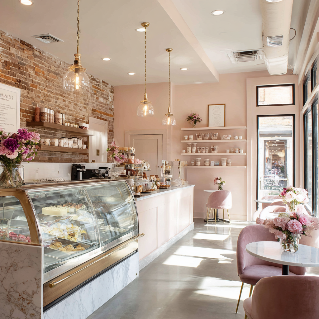 Chic pink boutique with marble counters and velvet chairs.