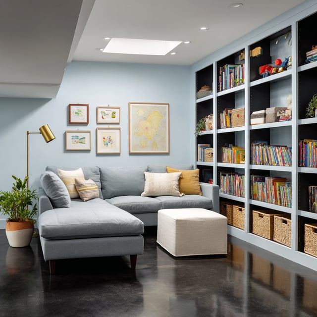 Cozy basement room with a blue sofa and large bookshelf.