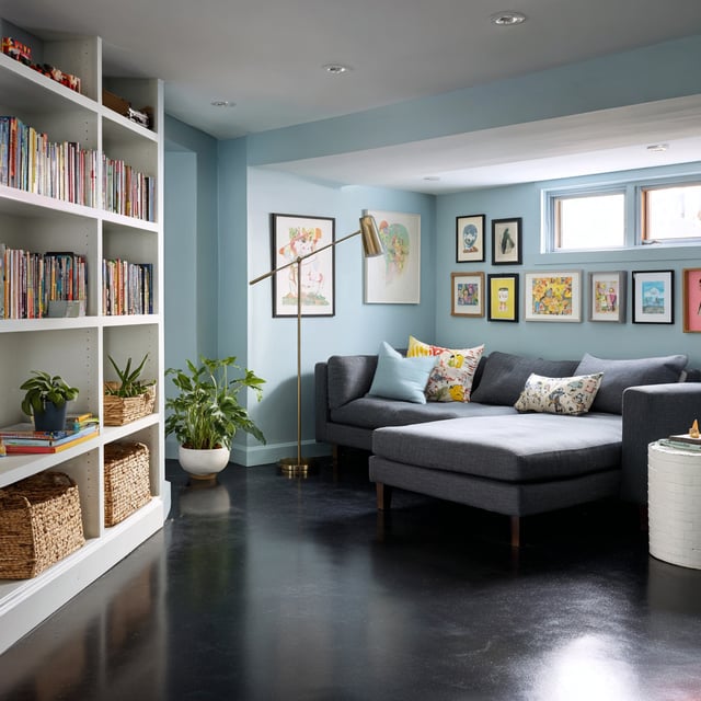 A cozy basement family room featuring light blue walls, a dark gray sectional sofa, a white built-in bookshelf, and a black polished floor.