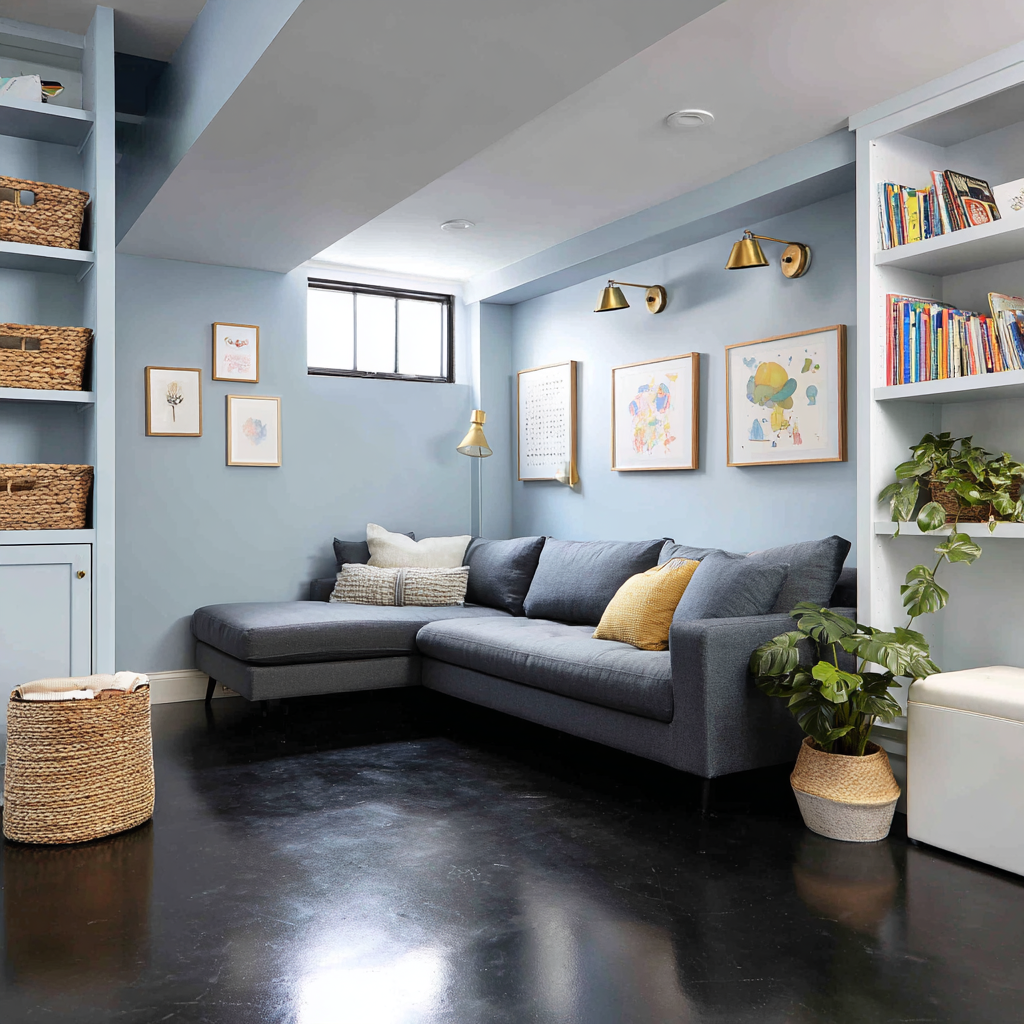 Cozy blue family room with black floors and a gray sectional.