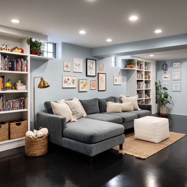 Basement with light blue walls, grey sectional, and black polished floor.