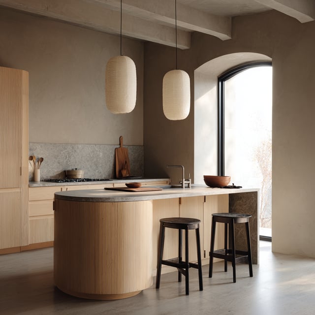 Japandi kitchen with curved island, lanterns, and stools.