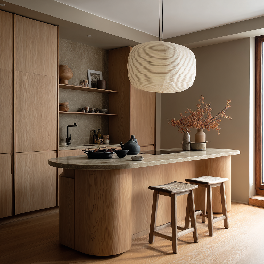 Minimalist wood kitchen with a large rounded-edge island.