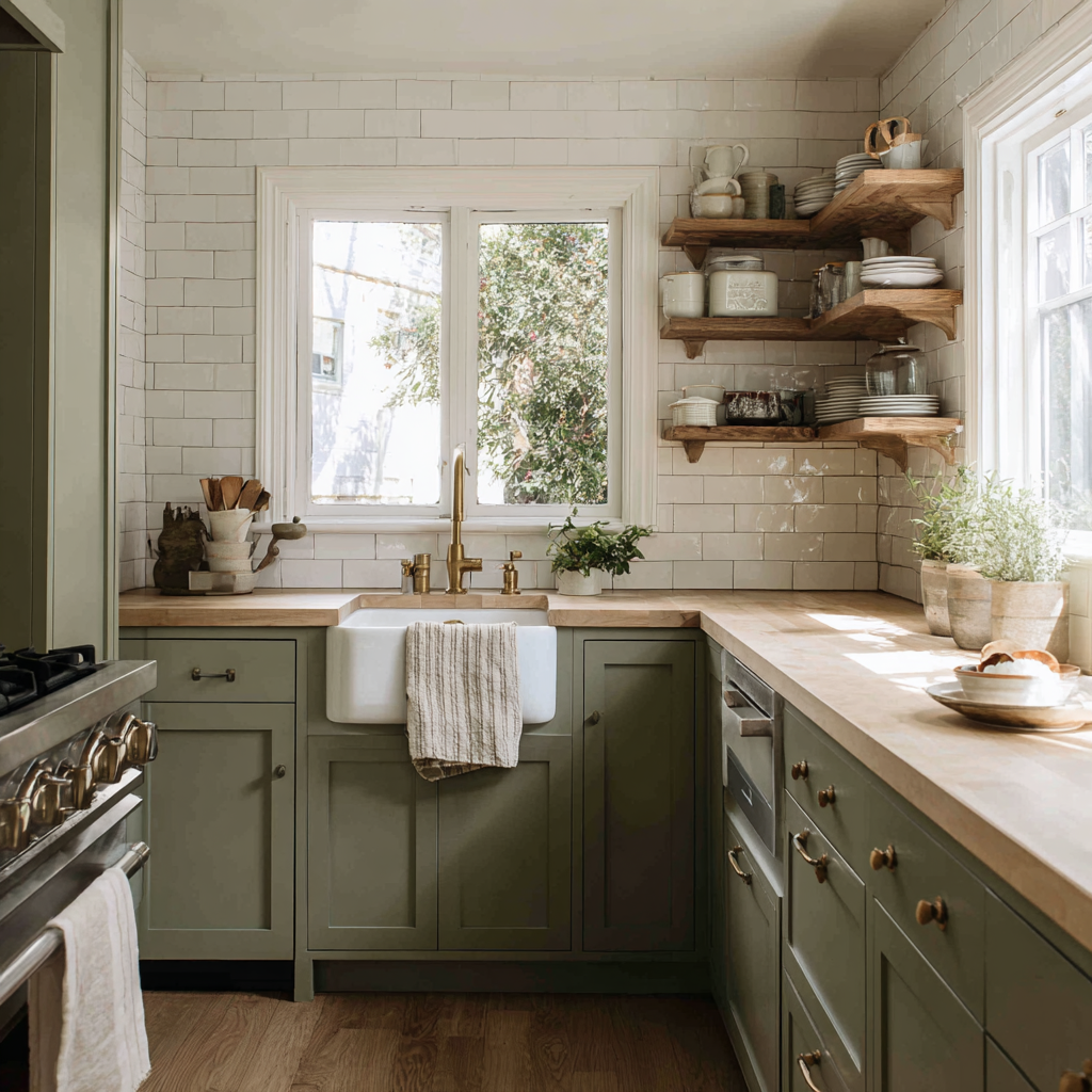 Green and white Craftsman bungalow kitchen with open shelving.